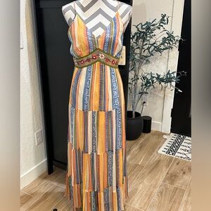 🆕NWT VERB BY PALLAVI SINGHEE  Printed Maxi Dress Embroidered Beaded Waist SZ M